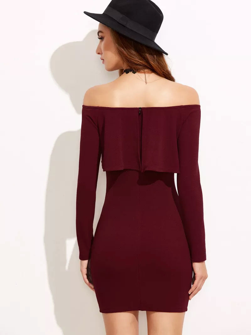 Burgundy Off The Shoulder Ruffle Bodycon Dress