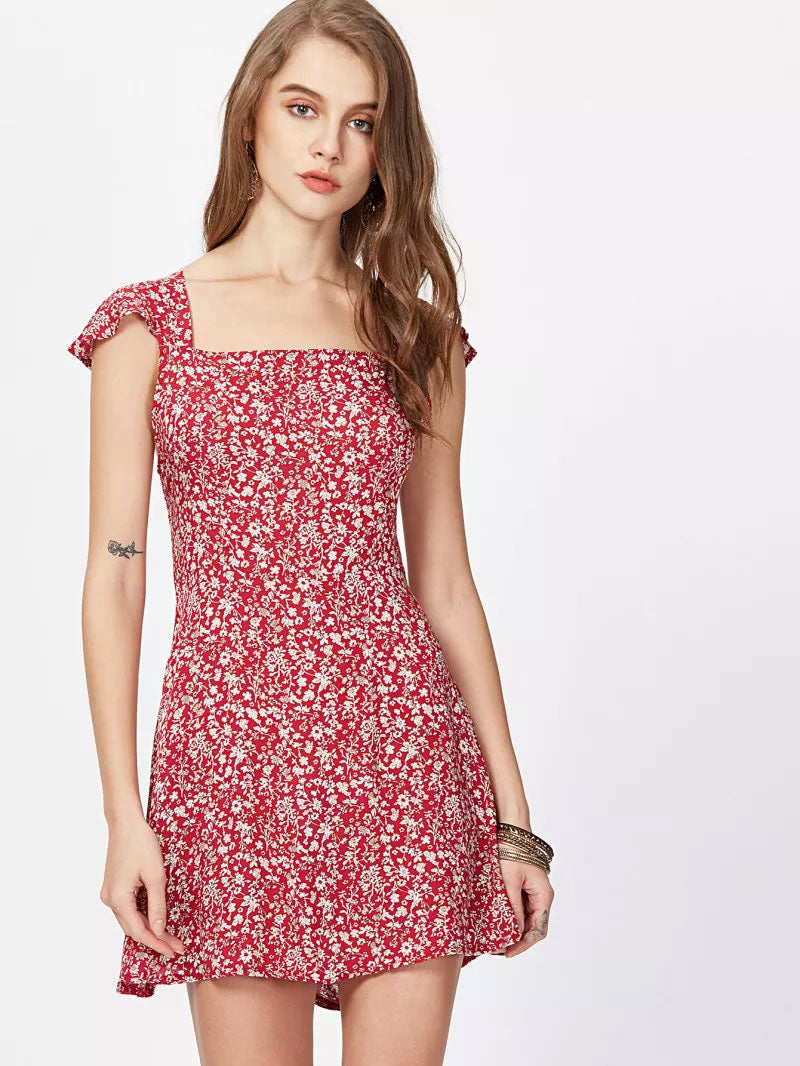 Florals Square Neck Criss Cross Bow Tie Back Dress