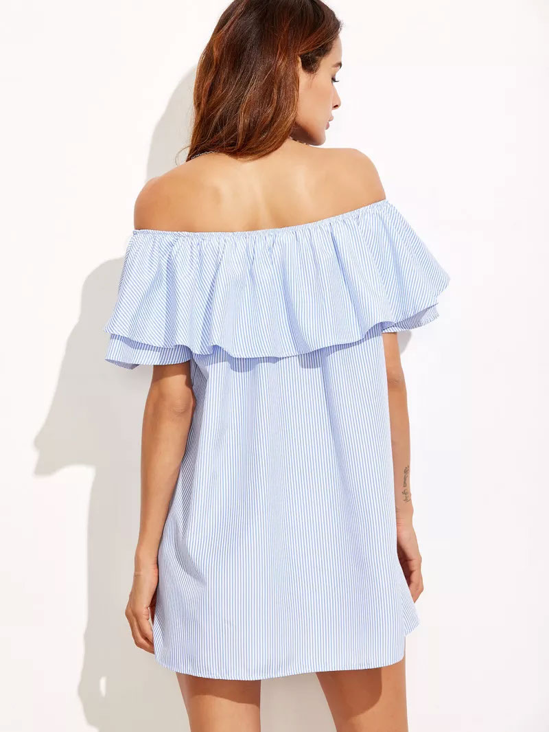 Blue Striped Off The Shoulder Ruffle Dress