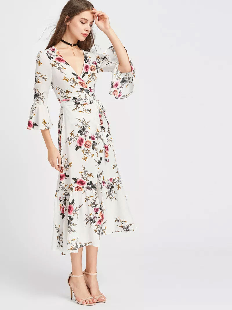 Plunge Neck Floral Print Bell Sleeve Slit Dress